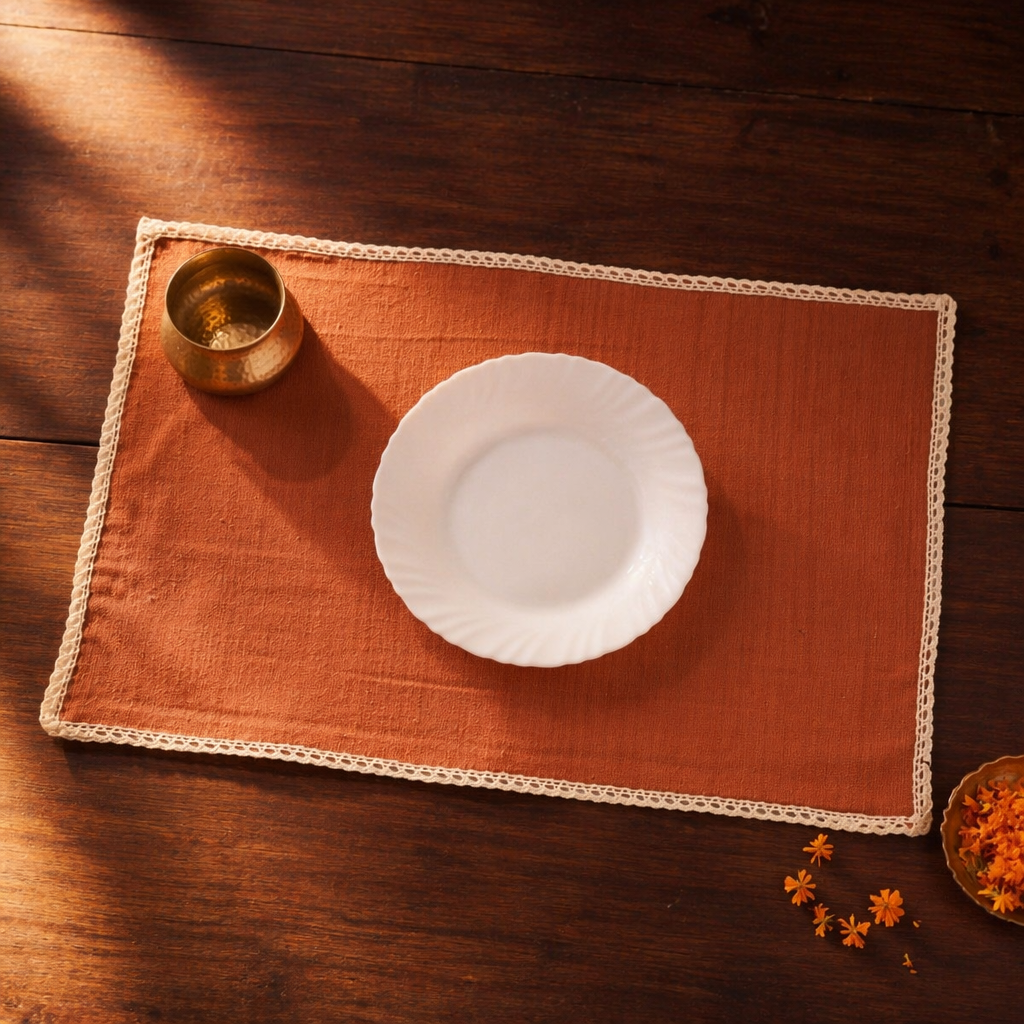 Crochet-Edged Table Mats Rust and Off-White, The Gathered Table. Handmade in India by House of Taraasha.