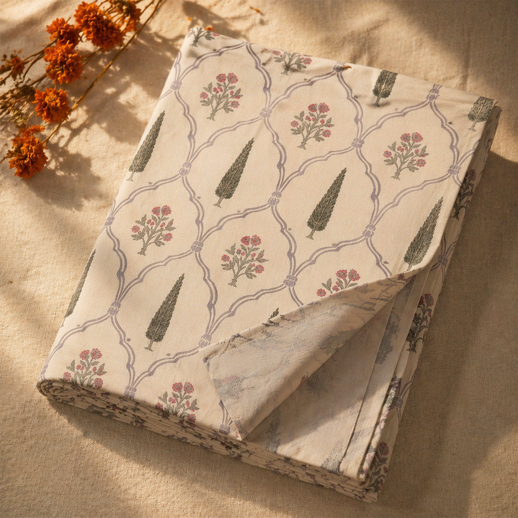 Cypress Pink Hand-Printed Floral Bedsheet, The Linen Room. Handmade in India by House of Taraasha.