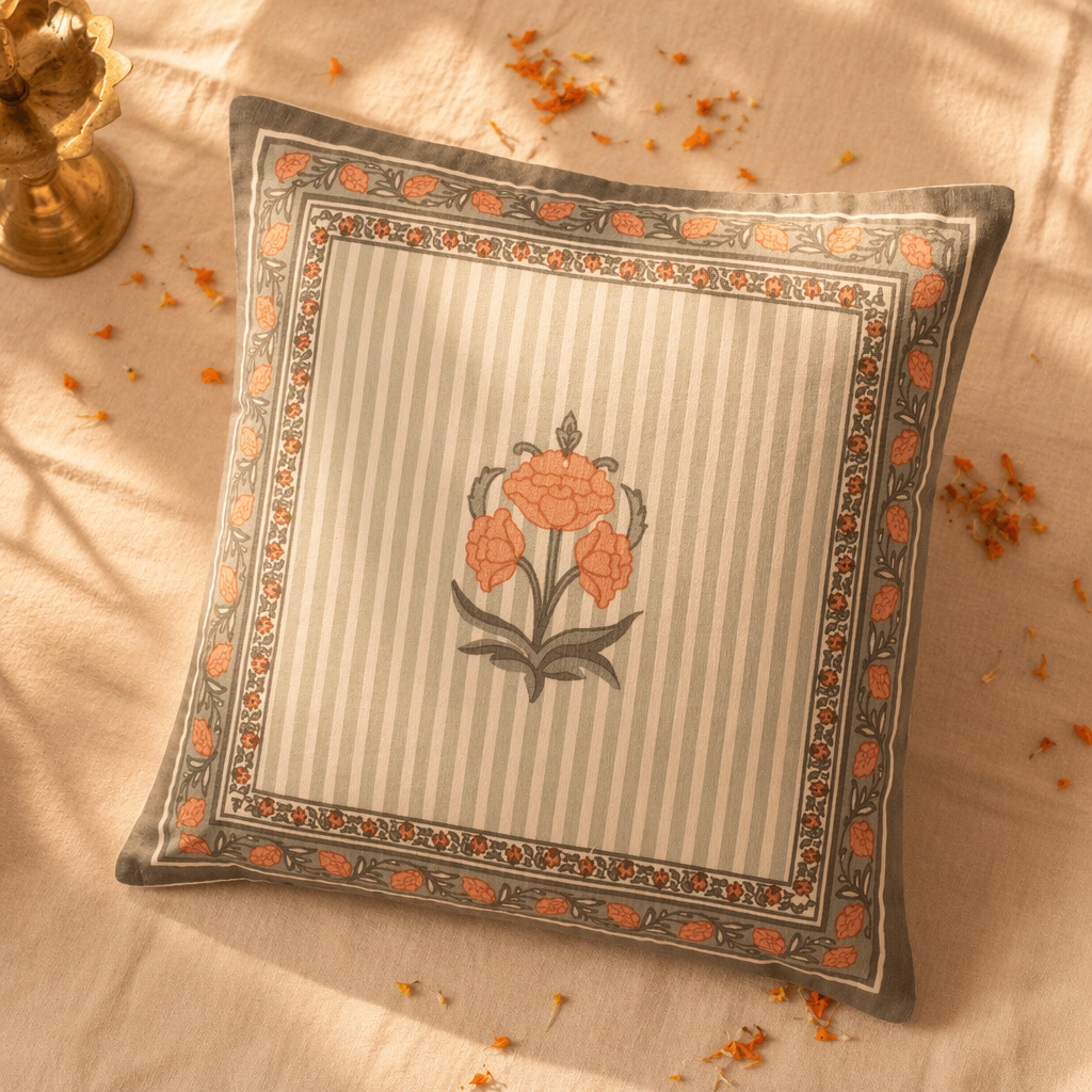 Floral Green and Dusty Pink Hand-Printed Cushion Cover, The Living Room. Handmade in India by House of Taraasha.