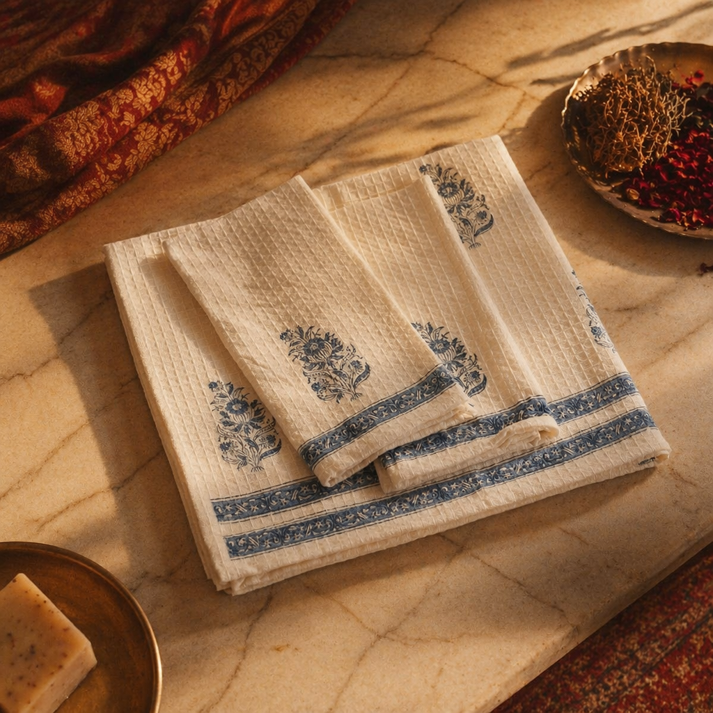 Off White and Blue Hand Block-Printed Towel Set, The Linen Room. Handmade in India by House of Taraasha.