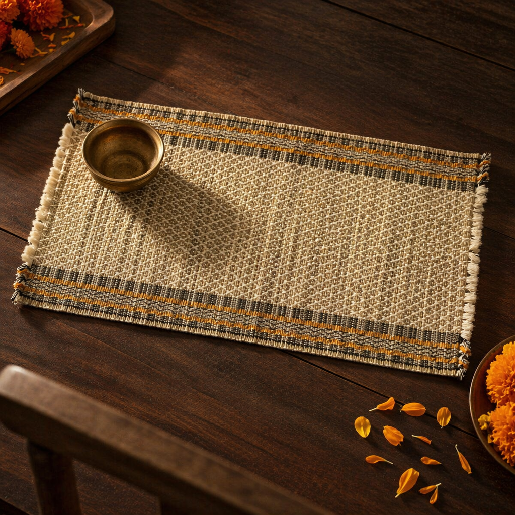 Madur Beige Handwoven Grass Table Mats, The Gathered Table. Handmade in India by House of Taraasha.