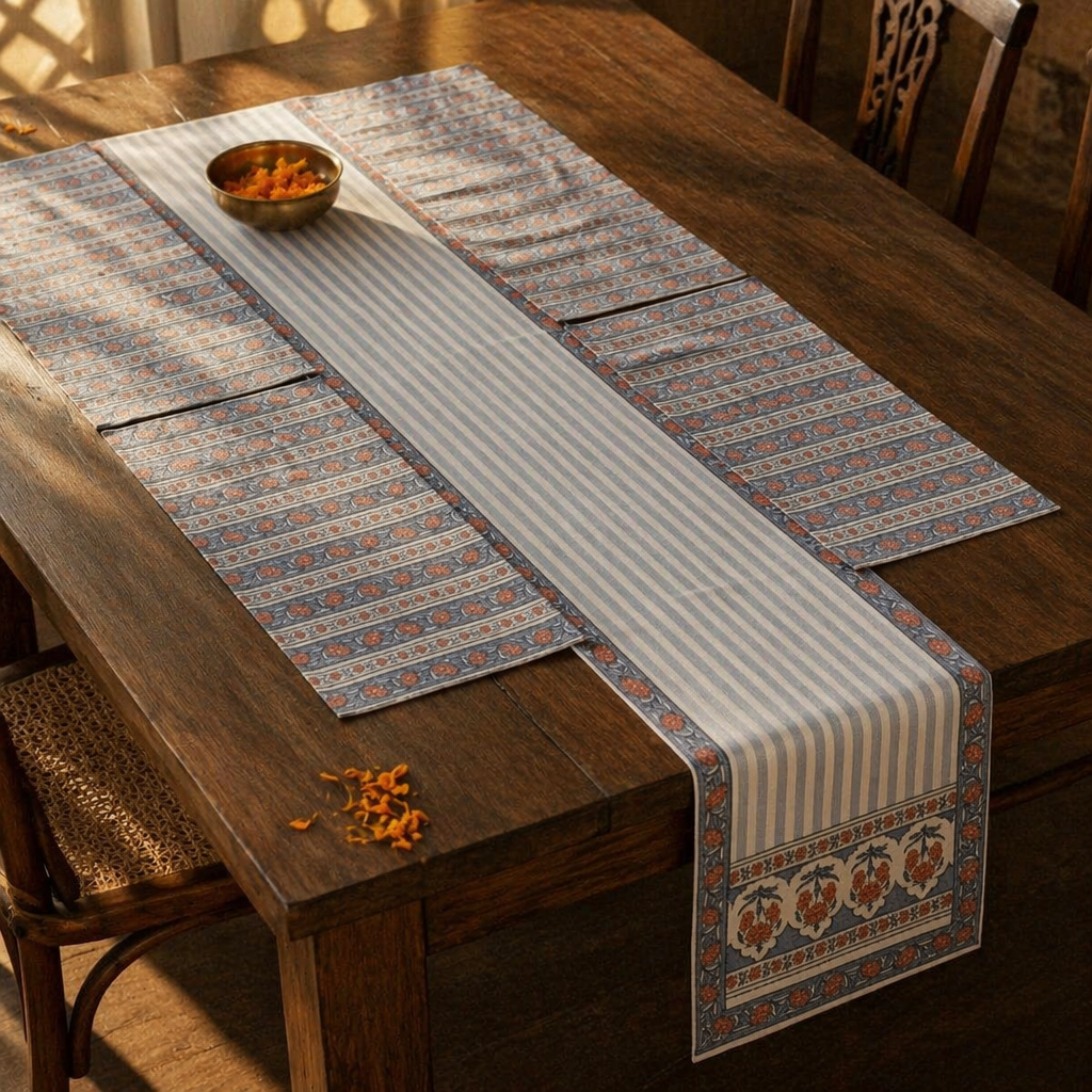 Blue & Dusty Pink Floral Cotton Runner & Mat Set, The Gathered Table. Handmade in India by House of Taraasha.