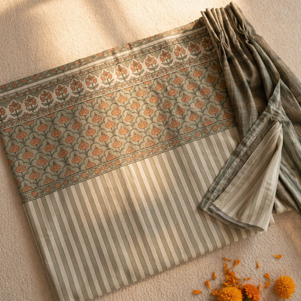 Royal Courtyards Green & Dusty Pink Woven-Printed Set of Three, The Draped Window. Handmade in India by House of Taraasha.