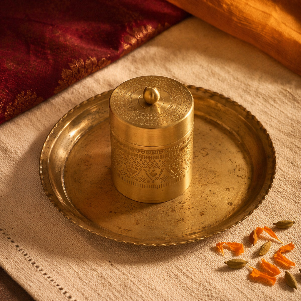Moradabad Floral-Etched Pure Brass Dabba, Large, The Brass Atelier. Handmade in India by House of Taraasha.