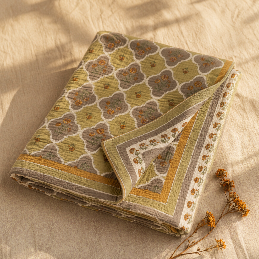 Sage Green Marigold Mulmul Quilt, The Linen Room. Handmade in India by House of Taraasha.
