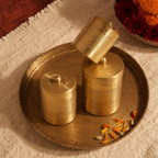 Moradabad Floral-Etched Brass Dabba Set of Three, The Brass Atelier. Handmade in India by House of Taraasha.