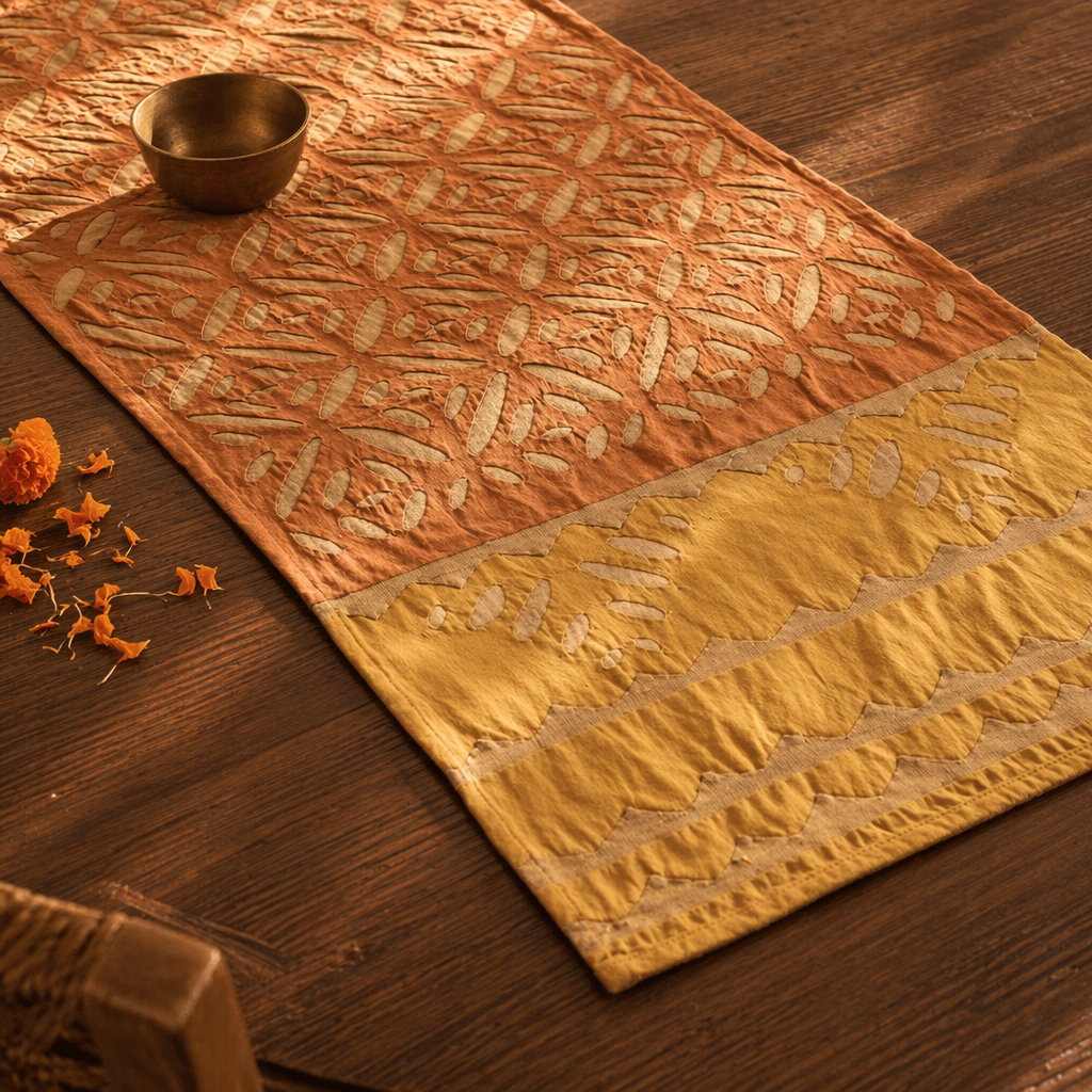 Applique Cutwork Runner Coral and Mustard, The Gathered Table. Handmade in India by House of Taraasha.