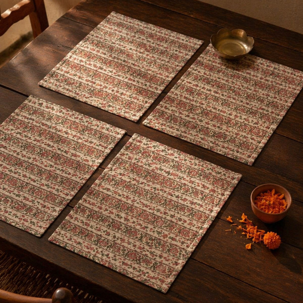 Dusty Pink & Off-White Floral Cotton Table Mat, The Gathered Table. Handmade in India by House of Taraasha.
