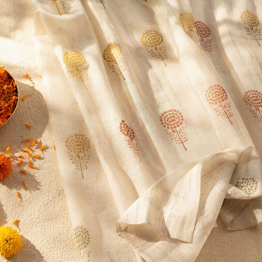 Sheer Rust, Mustard and Taupe Mulmul Curtain, The Draped Window. Handmade in India by House of Taraasha.