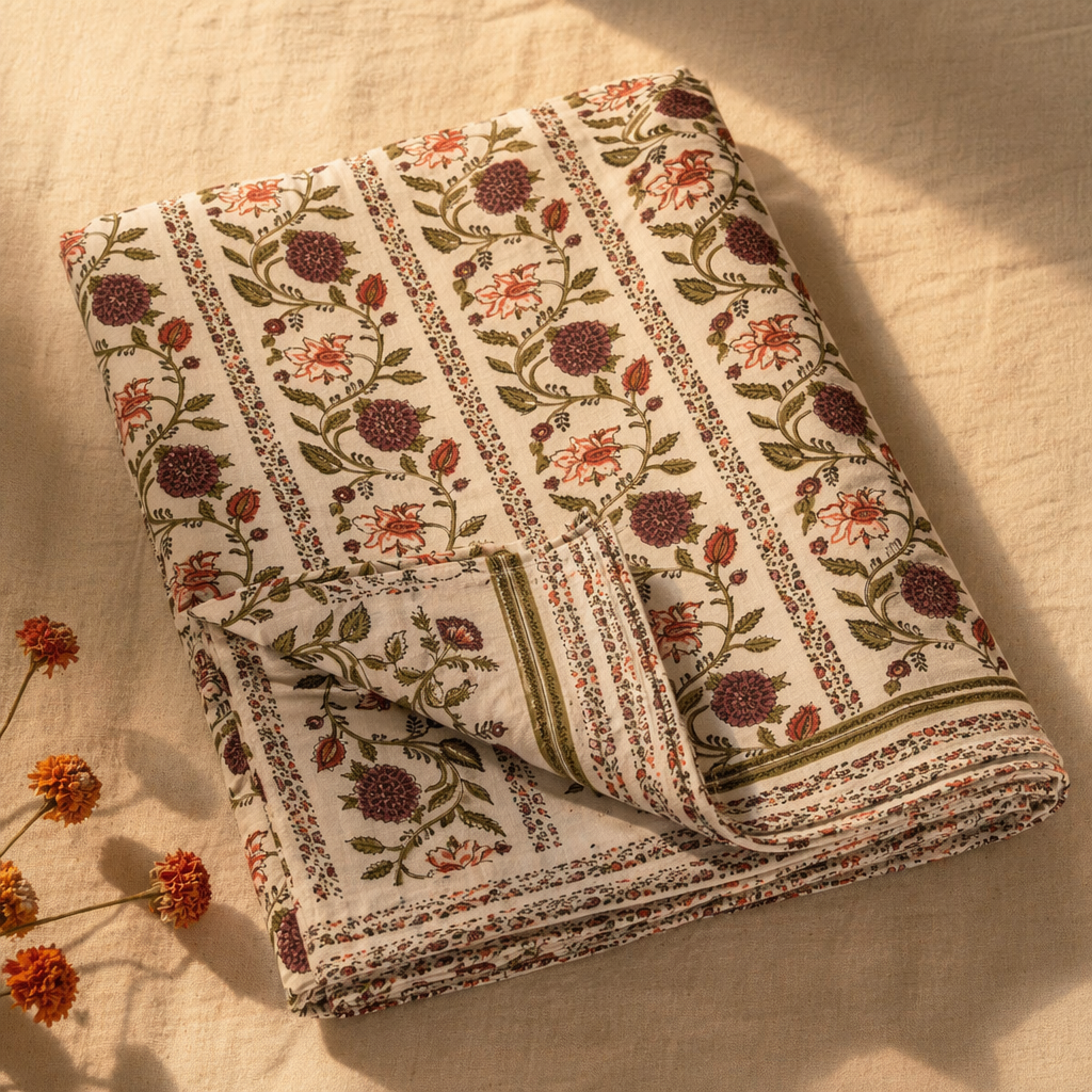Floral Vine 300 TC Block-Printed Cotton Bedsheet, The Linen Room. Handmade in India by House of Taraasha.