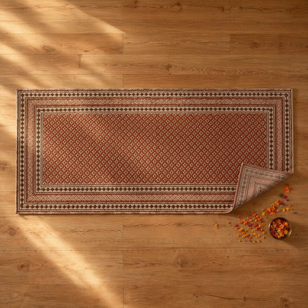 Maroon and Black Hand Block-Printed Floor Rug, The Woven Floor. Handmade in India by House of Taraasha.