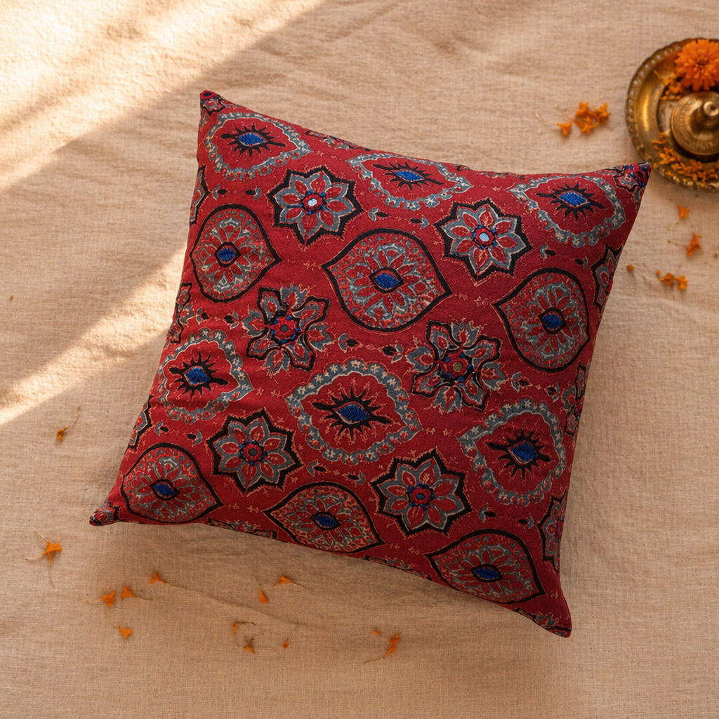 Ajrakh Brick Red Embroidered Cushion Cover, The Living Room. Handmade in India by House of Taraasha.