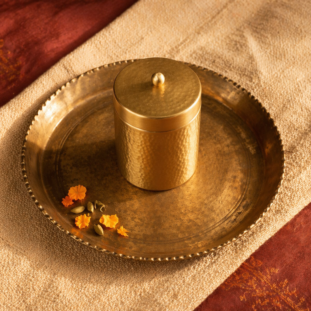 Moradabad Hammered Pure Brass Dabba, Medium, The Brass Atelier. Handmade in India by House of Taraasha.
