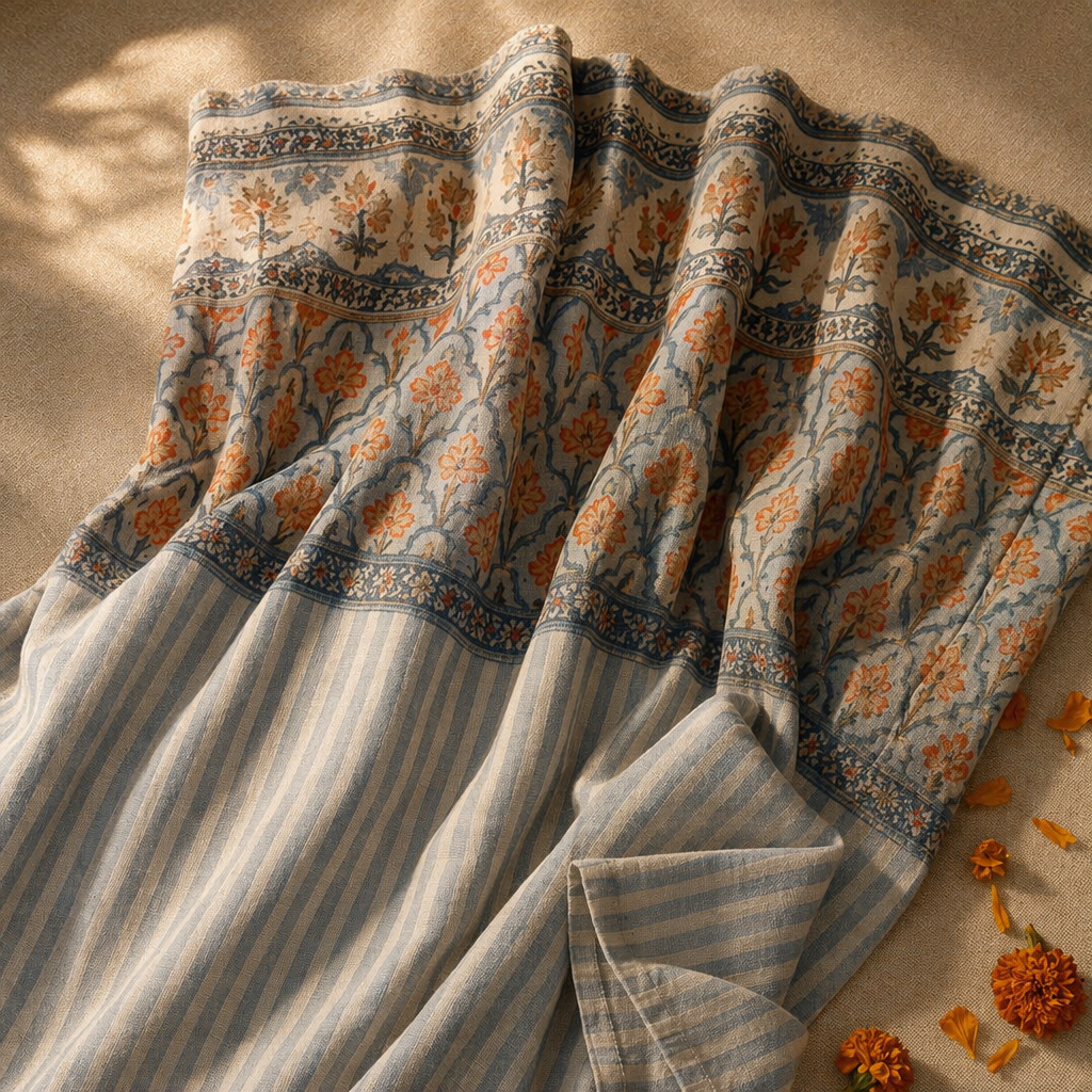 Ornate Floral and Bold Stripe Cotton Door Curtain, The Draped Window. Handmade in India by House of Taraasha.