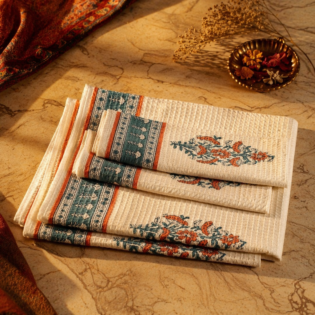 Peach and Teal Hand Block-Printed Waffle Cotton Towel Set, The Linen Room. Handmade in India by House of Taraasha.
