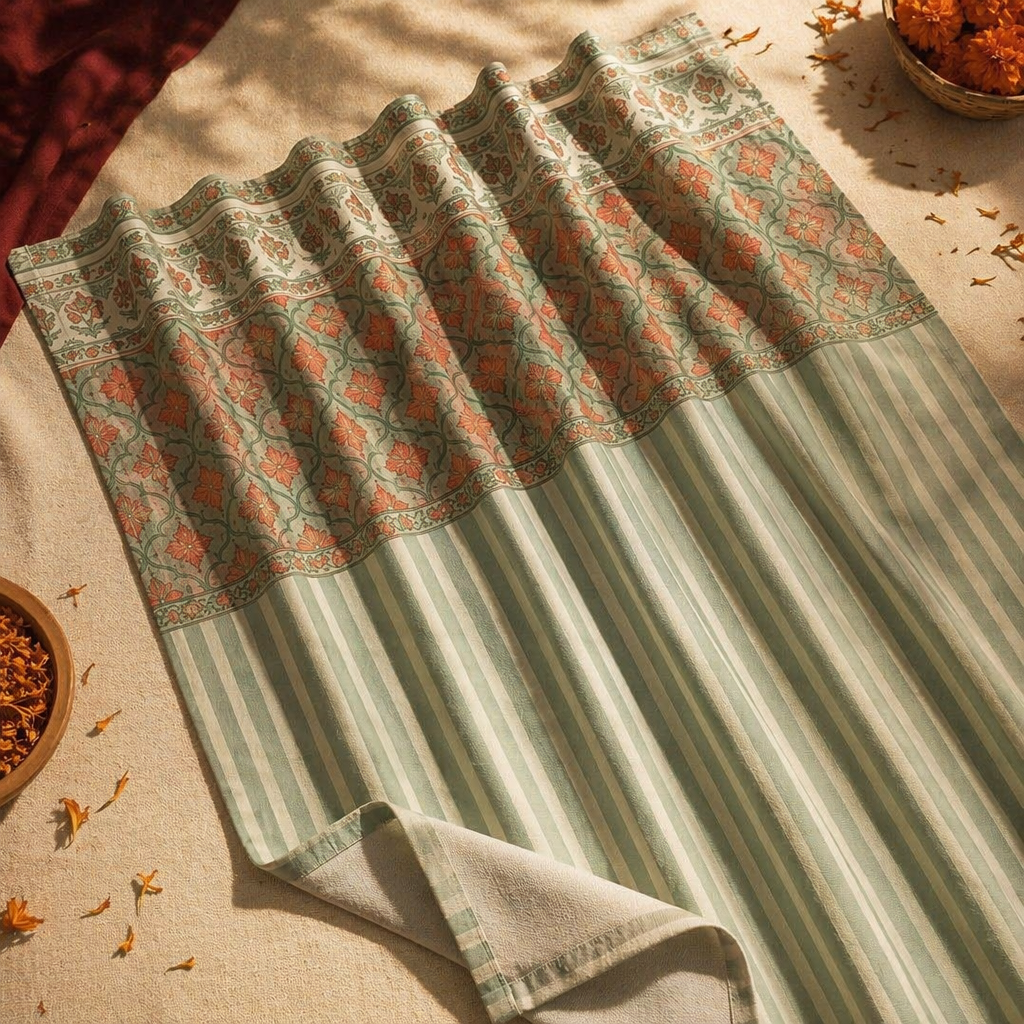Green and Dusty Pink Floral Stripe Cotton Door Curtain, The Draped Window. Handmade in India by House of Taraasha.