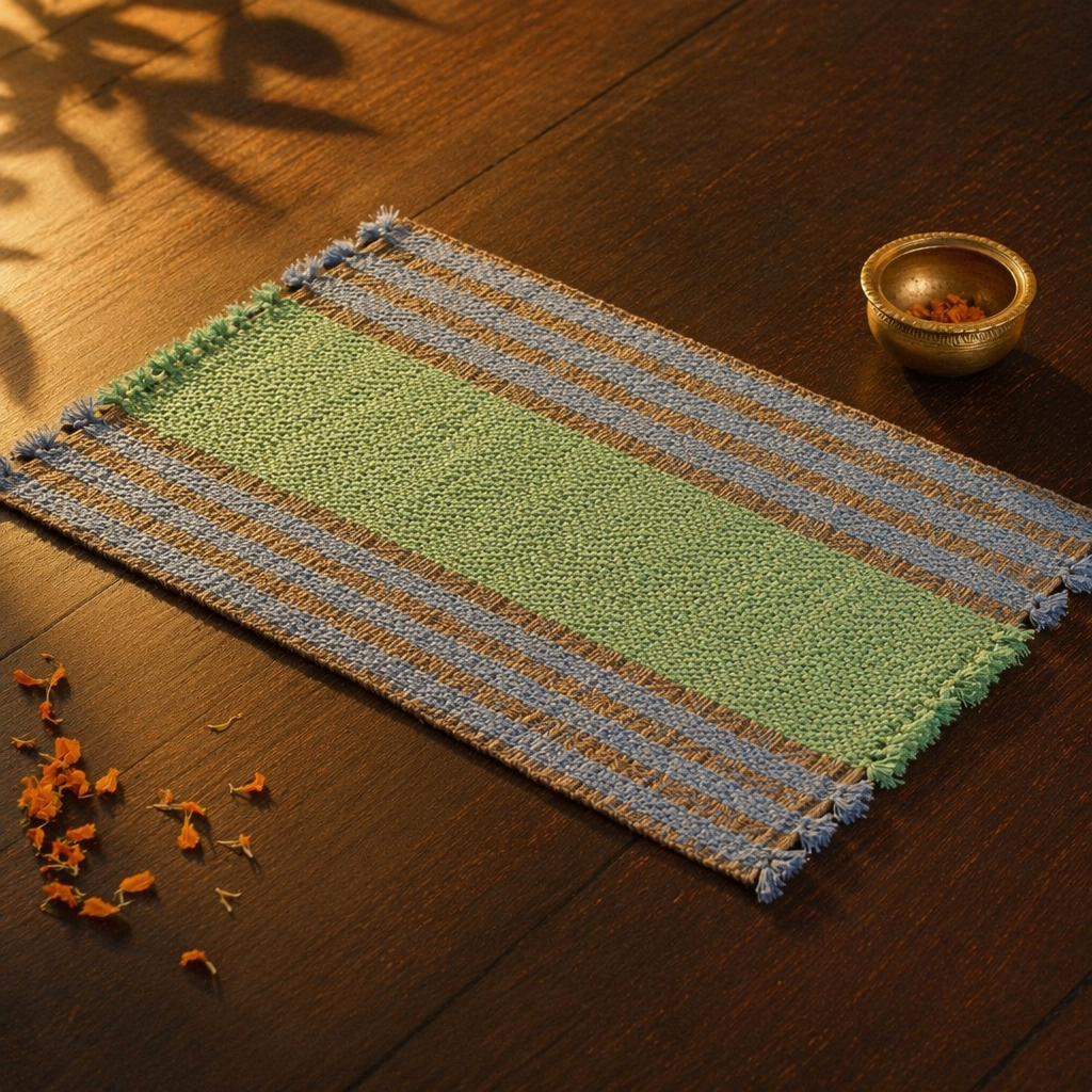 Powder Blue & Aqua Green Madur Grass Table Mat, The Gathered Table. Handmade in India by House of Taraasha.