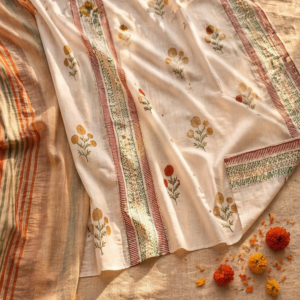 Handwoven & Block-Printed Set Ivory, Rust, Mustard and Teal, The Draped Window. Handmade in India by House of Taraasha.
