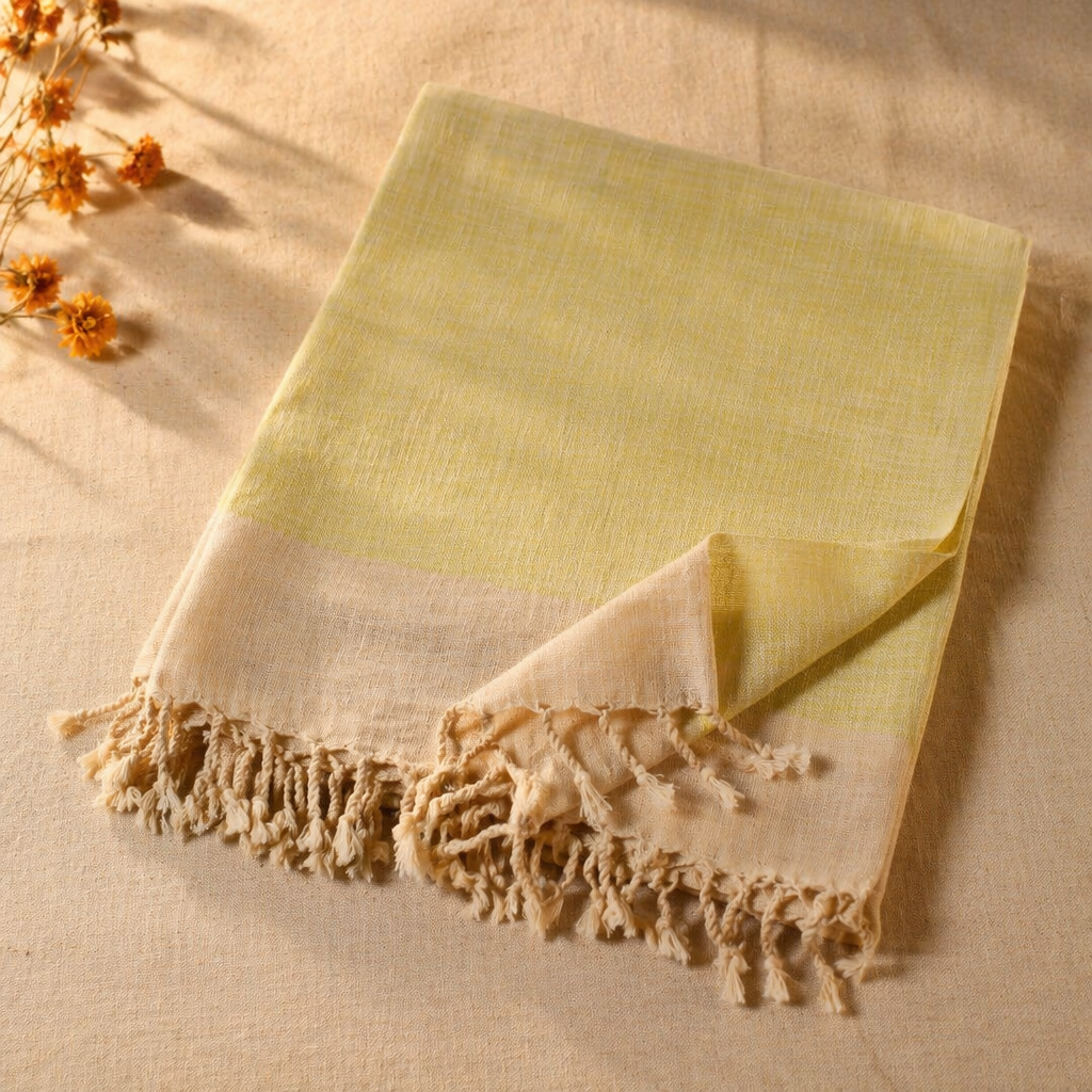 Leaf Green and Beige Handwoven Cotton Bed Cover, The Linen Room. Handmade in India by House of Taraasha.