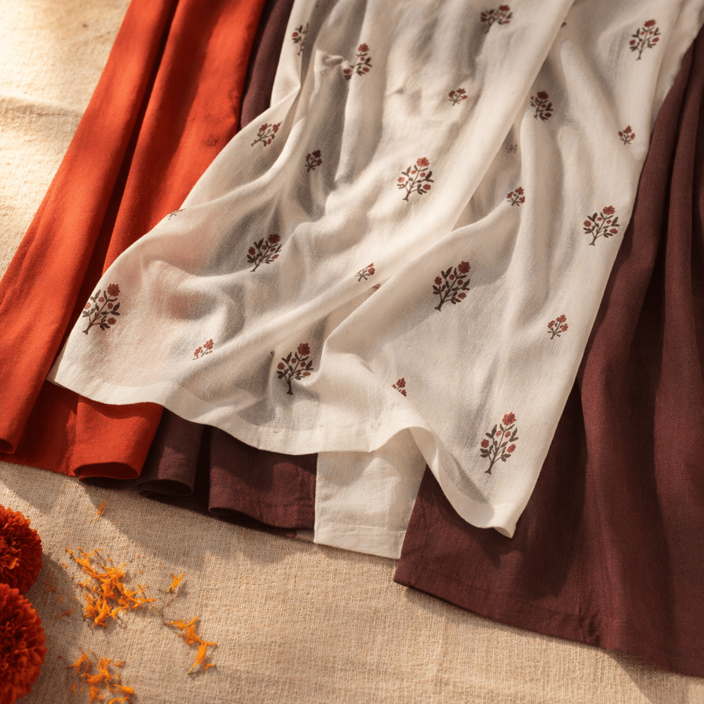 Royal Courtyards Rust & Maroon Woven-Sheer Curtain Set of Four, The Draped Window. Handmade in India by House of Taraasha.