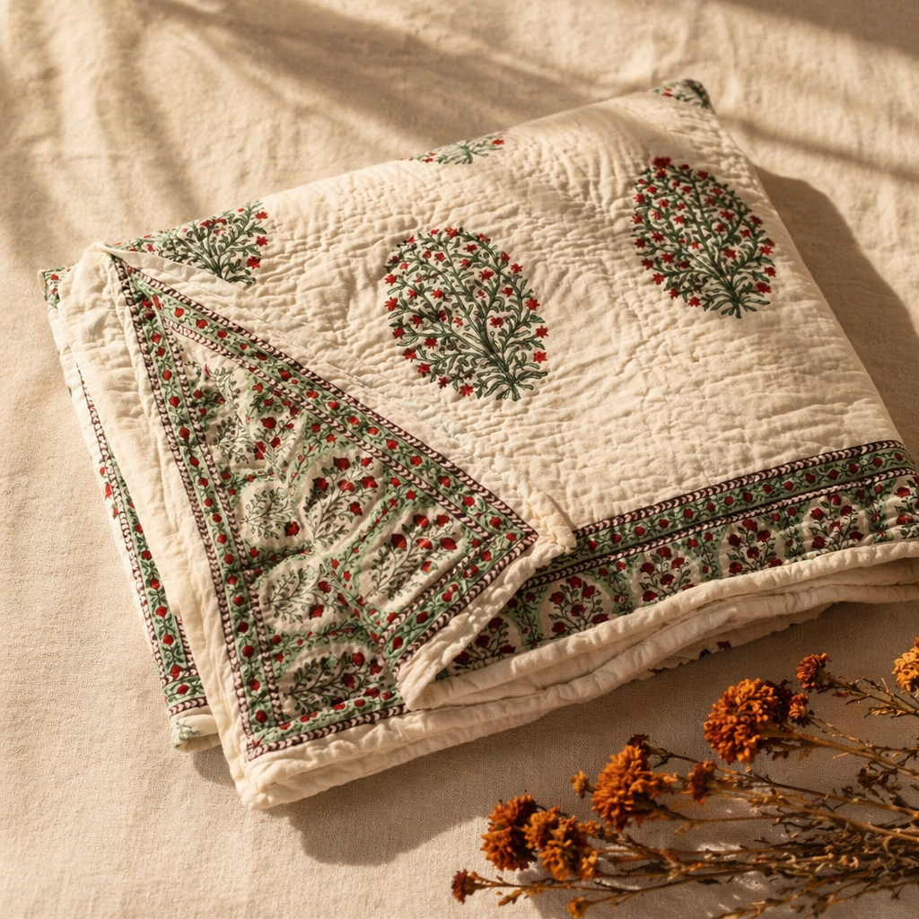 Mughal Florals White and Green Jaipuri Razai, The Linen Room. Handmade in India by House of Taraasha.