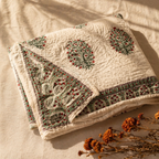 Mughal Florals White and Green Jaipuri Razai, The Linen Room. Handmade in India by House of Taraasha.