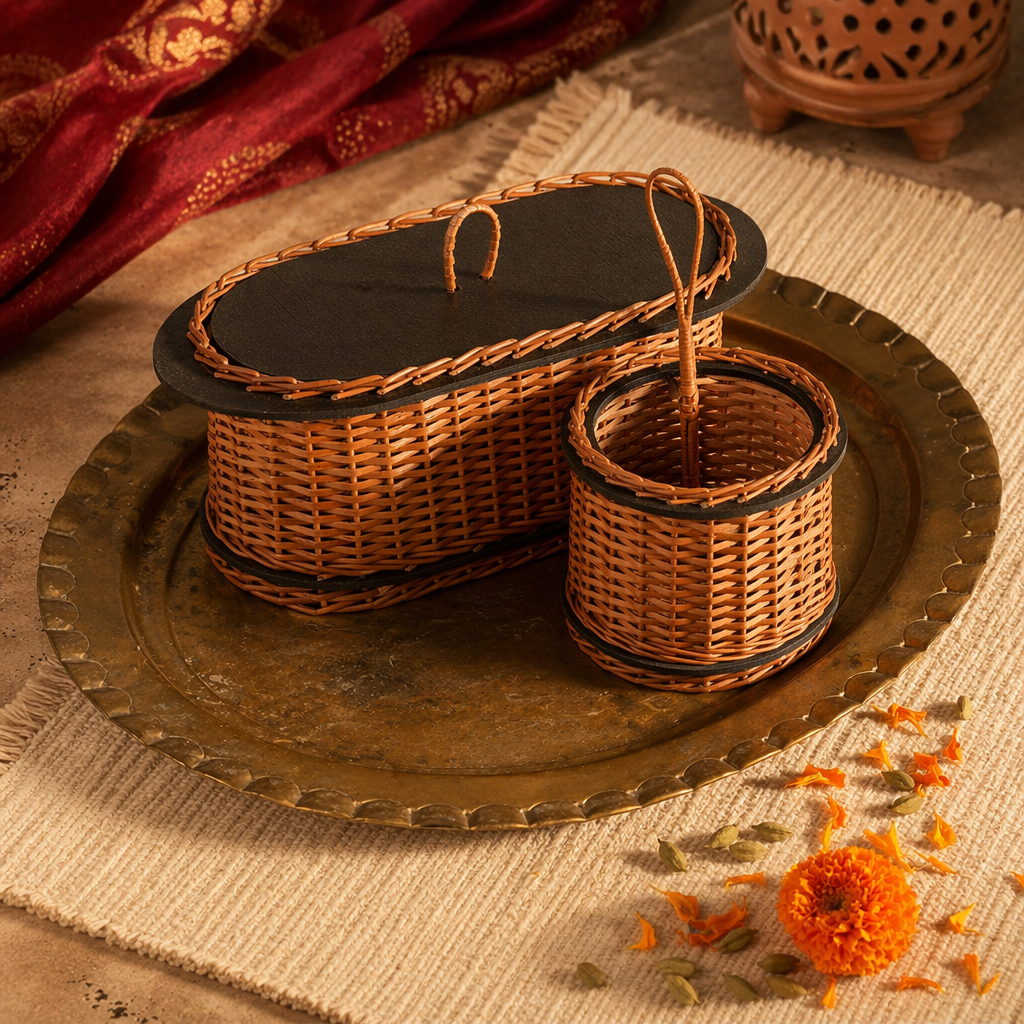 Kashmir Willow Bread Box & Cutlery Caddy, The Wicker House. Handmade in India by House of Taraasha.