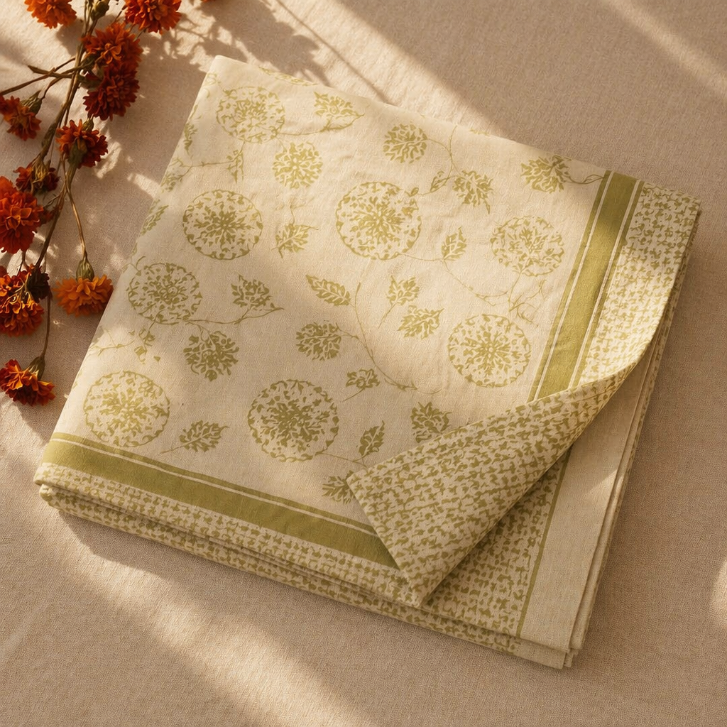 Marigold Sage Green and Off-White Bedsheet, The Linen Room. Handmade in India by House of Taraasha.