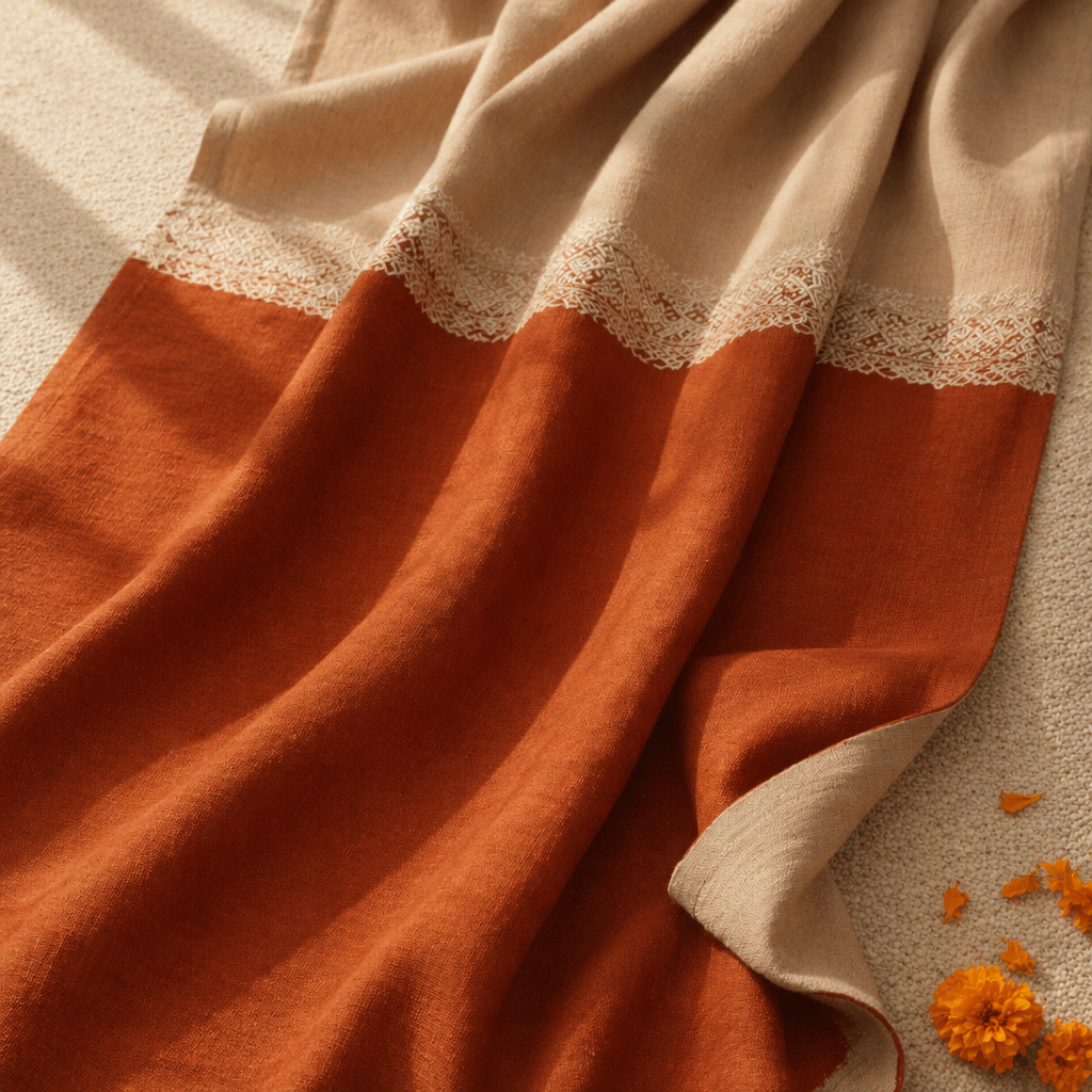Rust and Off White Reversible Crochet-Border Door Curtain, The Draped Window. Handmade in India by House of Taraasha.