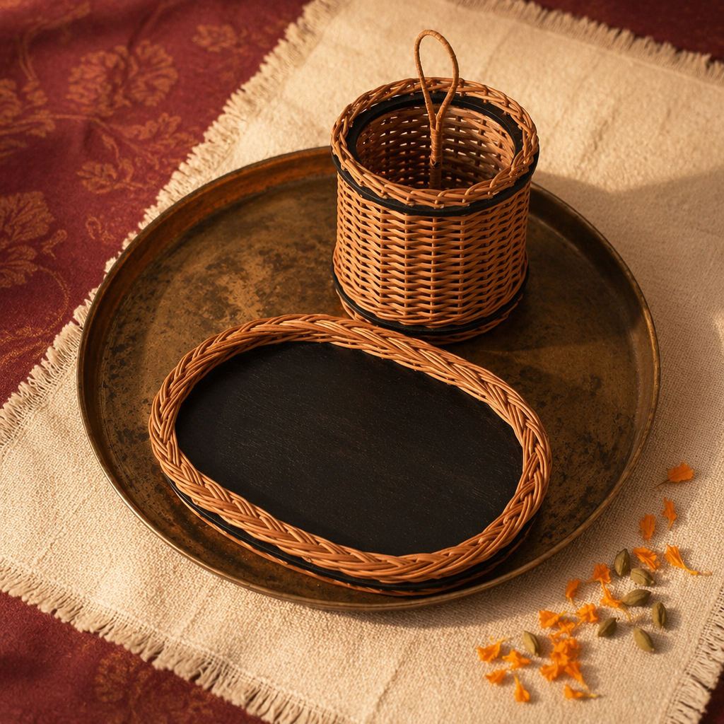 Kashmir Willow Serving Tray & Cutlery Caddy, The Brass Atelier. Handmade in India by House of Taraasha.