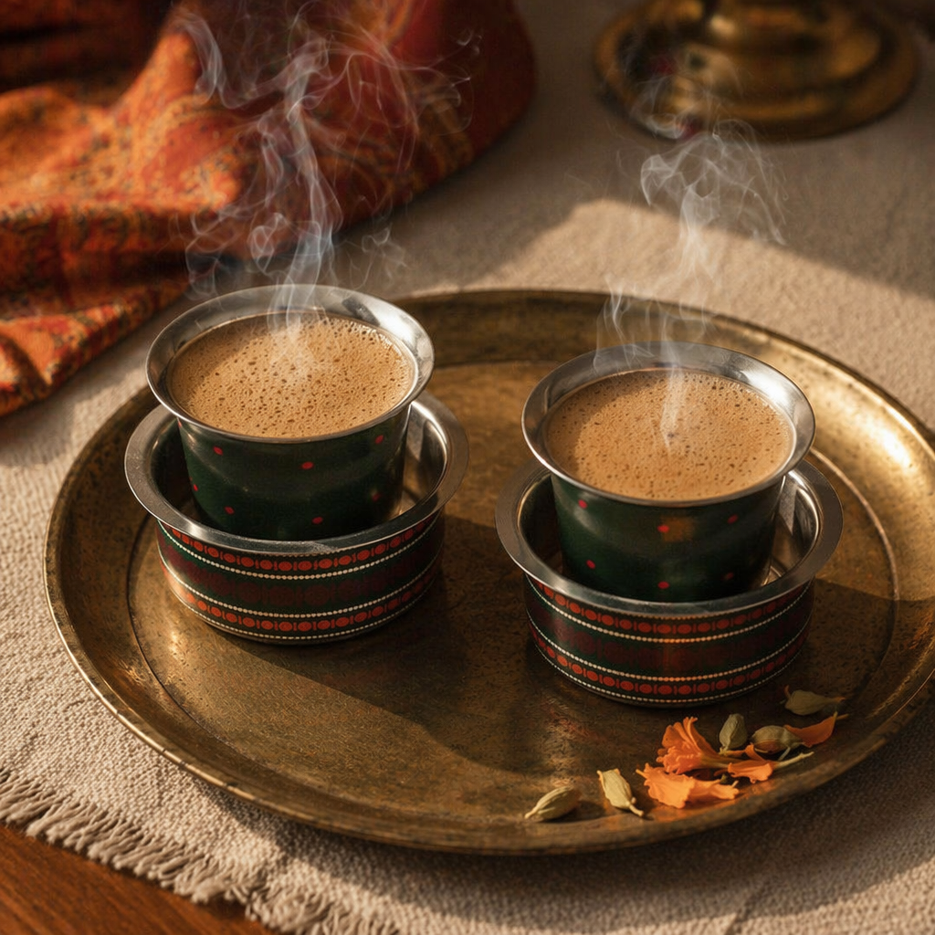 Kanjeevaram Enamel Steel Coffee Dabara Set, The Brass Atelier. Handmade in India by House of Taraasha.