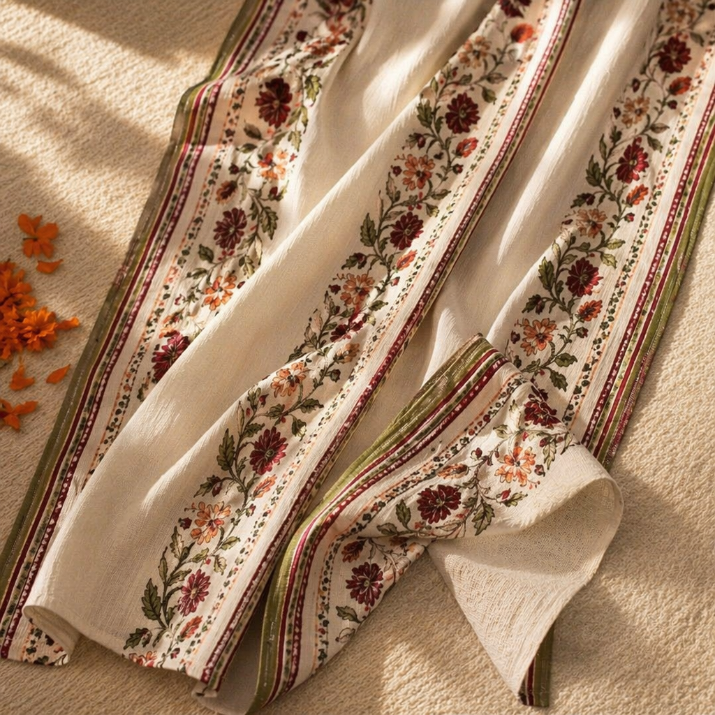 Floral Border Block-Print Sheer Door Curtain, The Draped Window. Handmade in India by House of Taraasha.