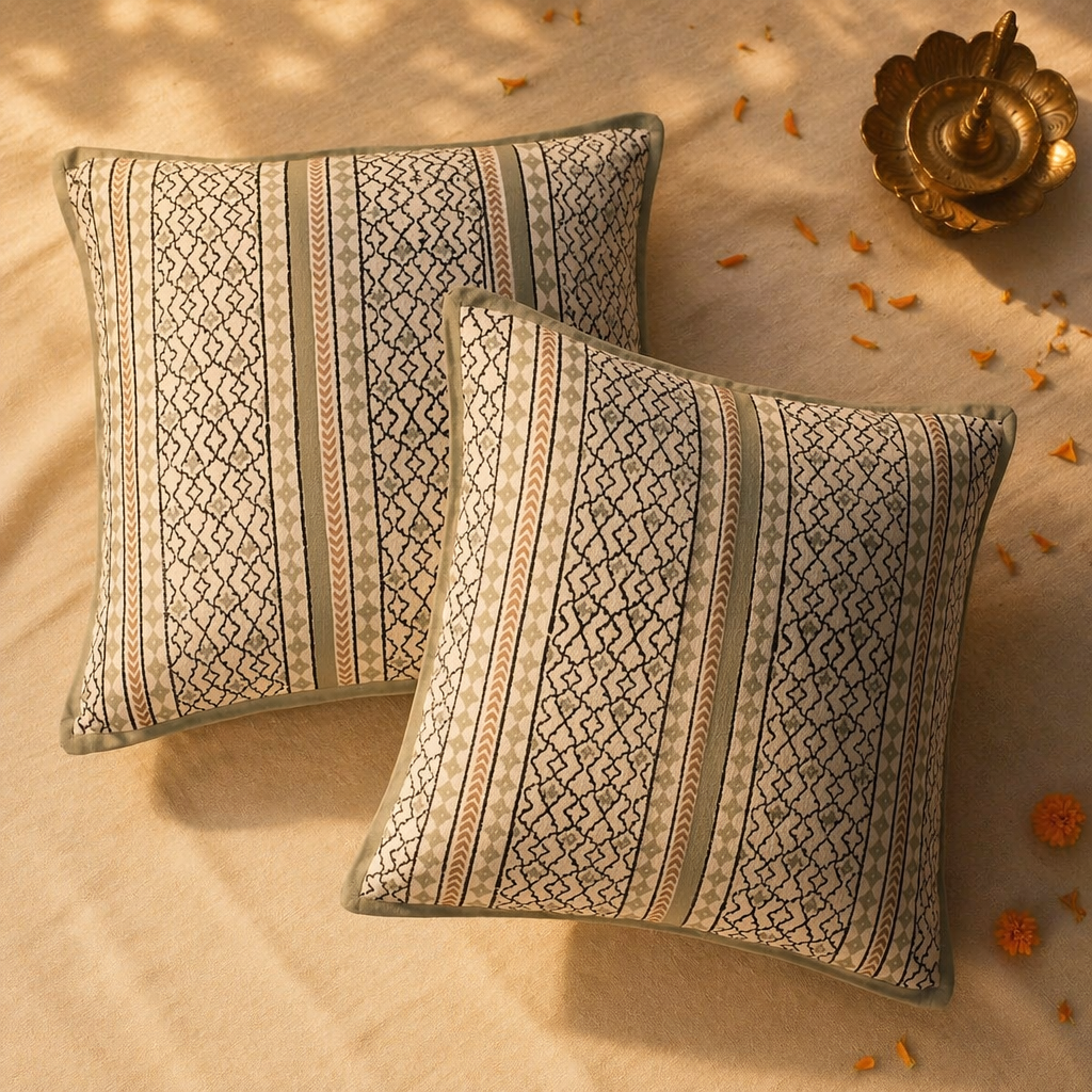Aqua Stripe Hand Block-Printed Cotton Cushion Cover, The Living Room. Handmade in India by House of Taraasha.