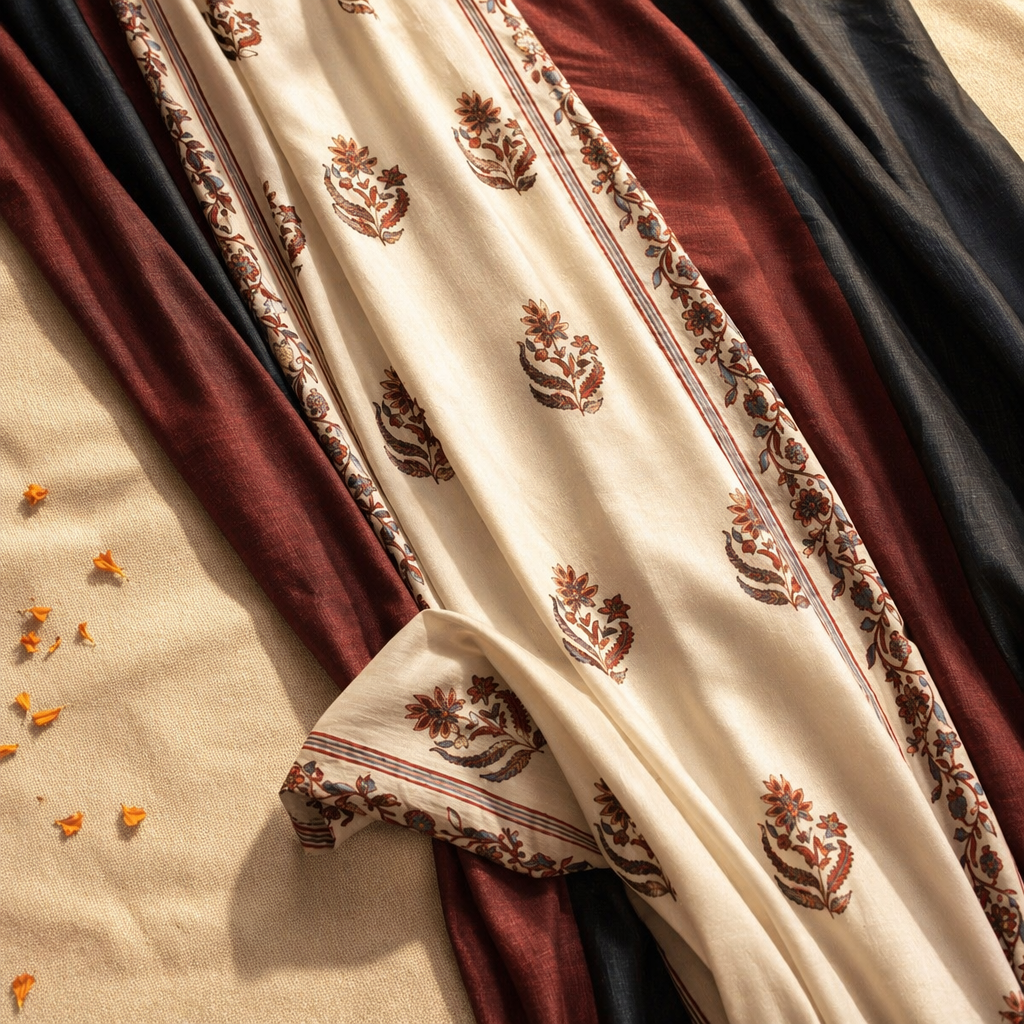 Handwoven & Chintz Sheer Off-White and Navy Curtain Set, The Draped Window. Handmade in India by House of Taraasha.