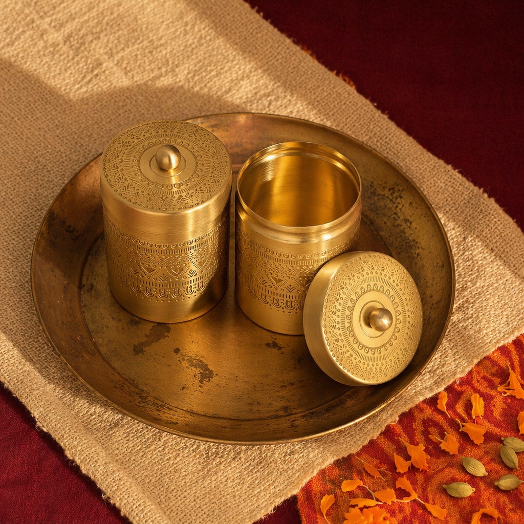 Moradabad Floral-Etched Pure Brass Dabba Pair, The Brass Atelier. Handmade in India by House of Taraasha.