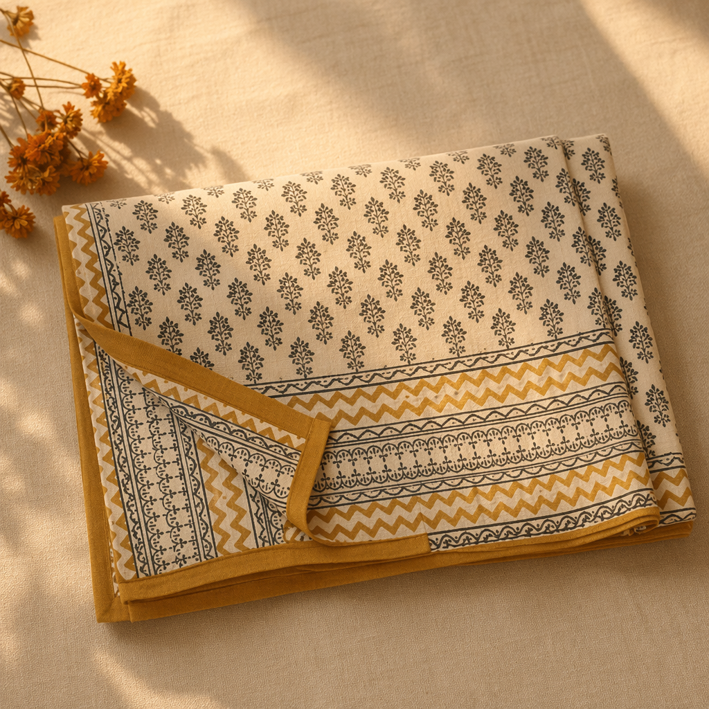 Mustard & Black Bagru Floral Bedsheet, The Linen Room. Handmade in India by House of Taraasha.