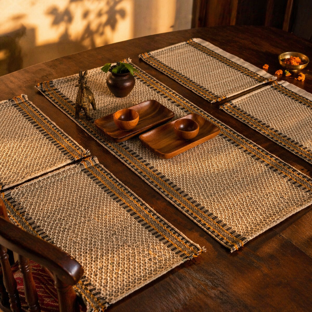 Madur Beige Handwoven Grass Mat & Runner Set, The Gathered Table. Handmade in India by House of Taraasha.