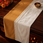Crochet-Edged Runner Mustard and Off-White, The Gathered Table. Handmade in India by House of Taraasha.