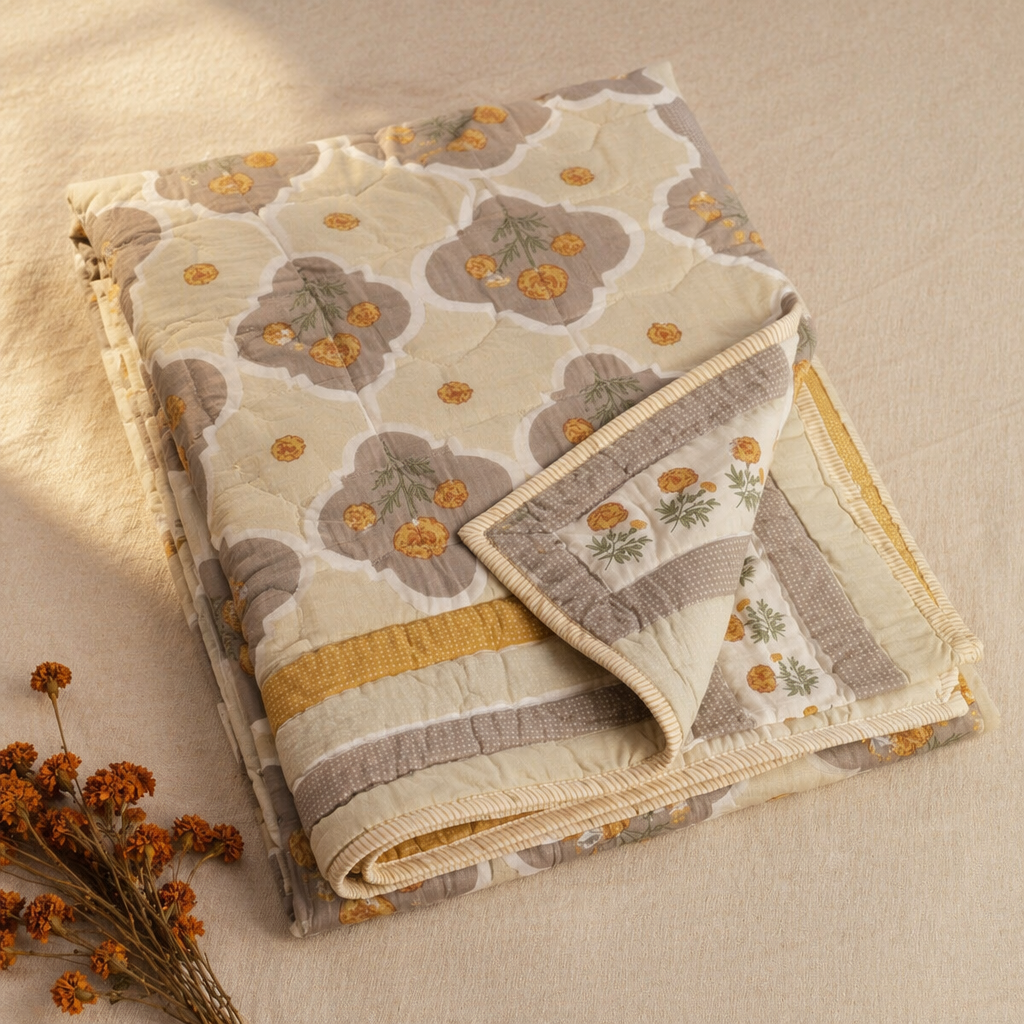 Marigold Jaali Ivory and Taupe Cotton Quilt, The Linen Room. Handmade in India by House of Taraasha.