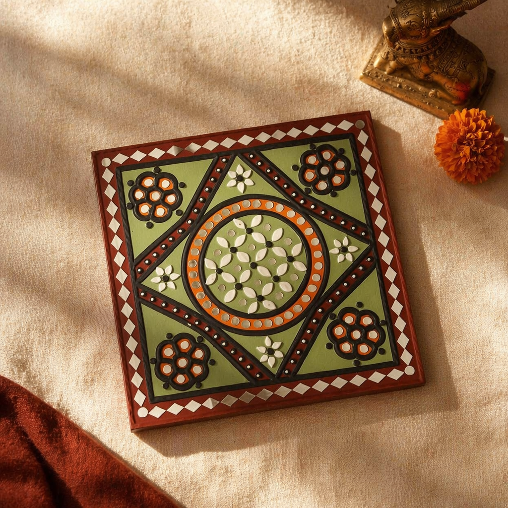 Green Lippan Square Mud & Mirror Wall Hanging, The Art Wall. Handmade in India by House of Taraasha.