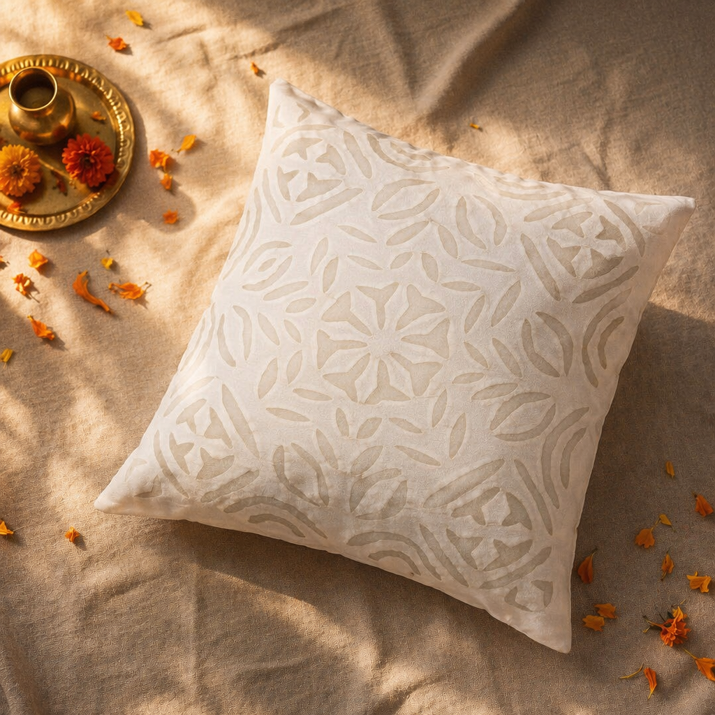 Gudri Cutwork Off-White Cotton Cushion Cover, The Living Room. Handmade in India by House of Taraasha.