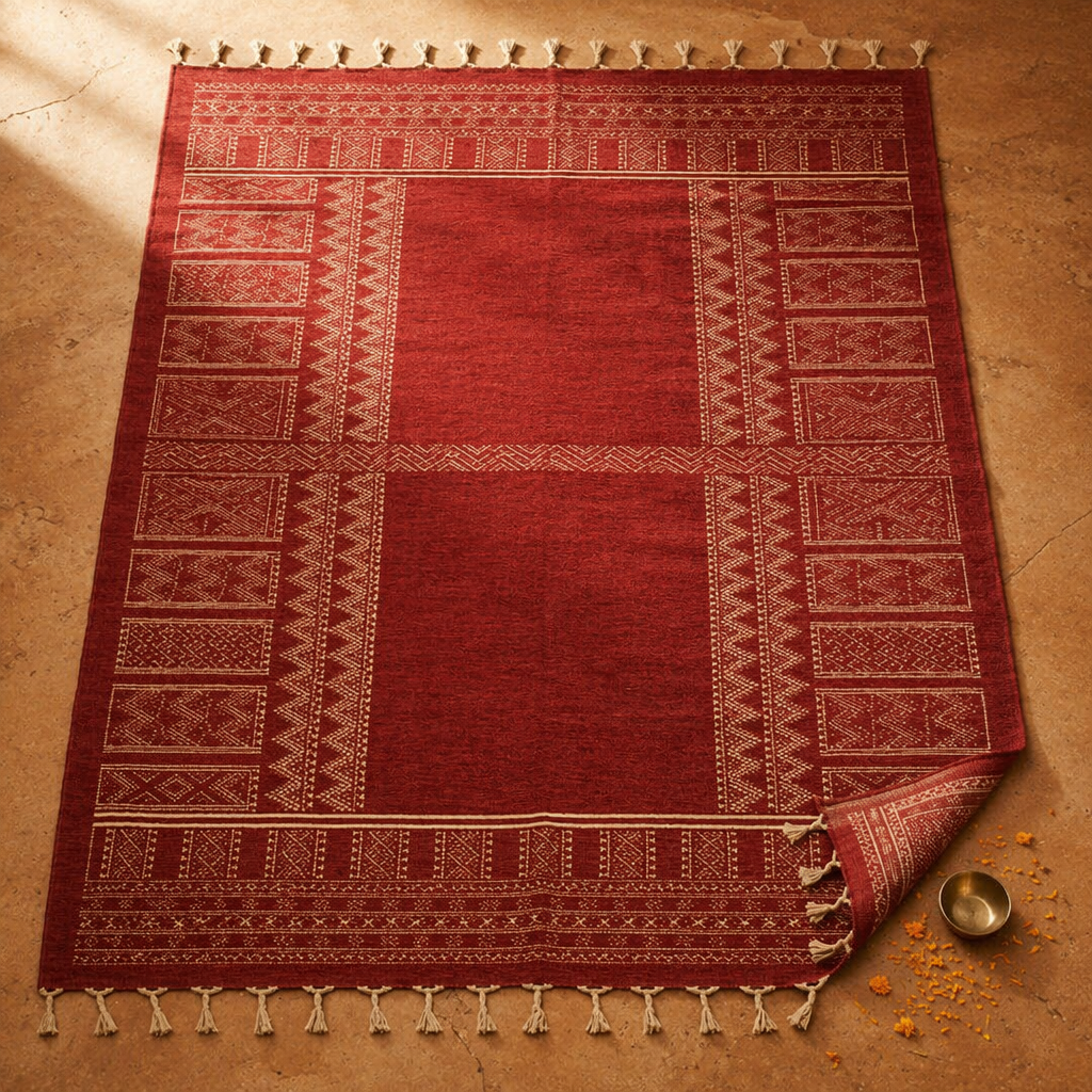 Jaipuri Maroon Hand Block-Printed Cotton Floor Rug, The Woven Floor. Handmade in India by House of Taraasha.