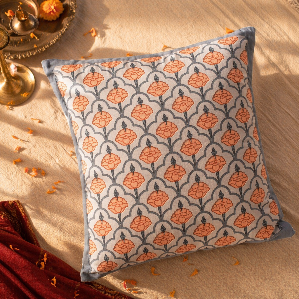 Jaali and Floral Blue and Dusty Pink Cushion Cover Set, The Living Room. Handmade in India by House of Taraasha.
