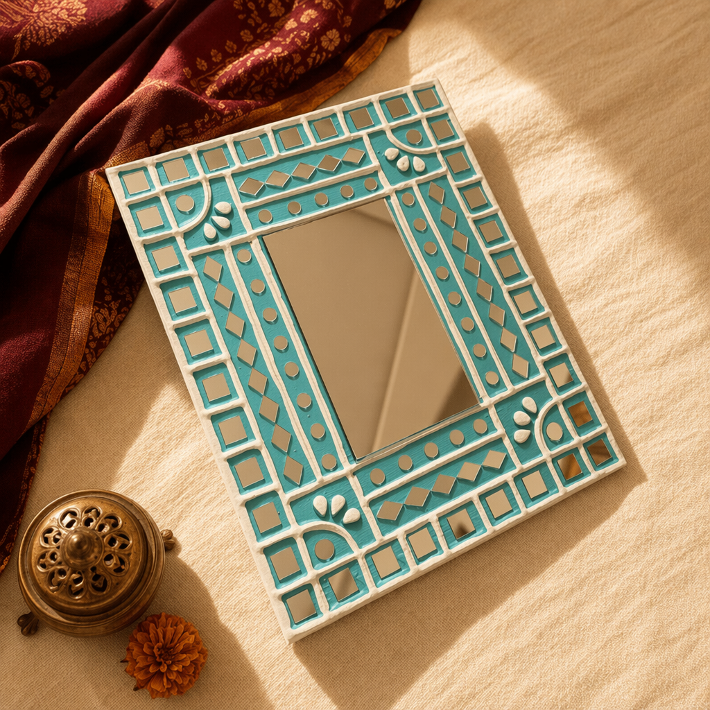 Turquoise Lippan Mirror Kutch Mud and Glass, The Art Wall. Handmade in India by House of Taraasha.