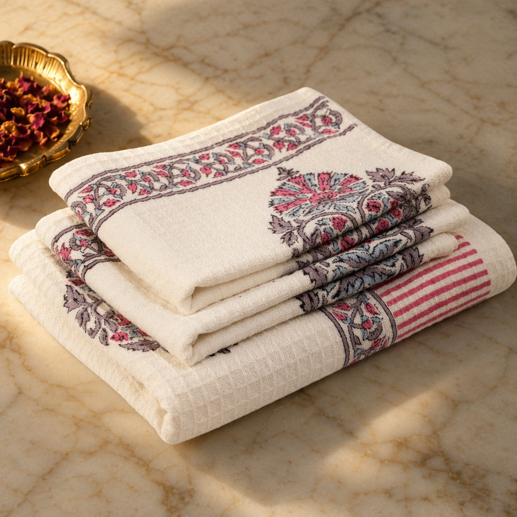 Petal Pattern Hand Block-Printed Cotton Towel Set, The Linen Room. Handmade in India by House of Taraasha.