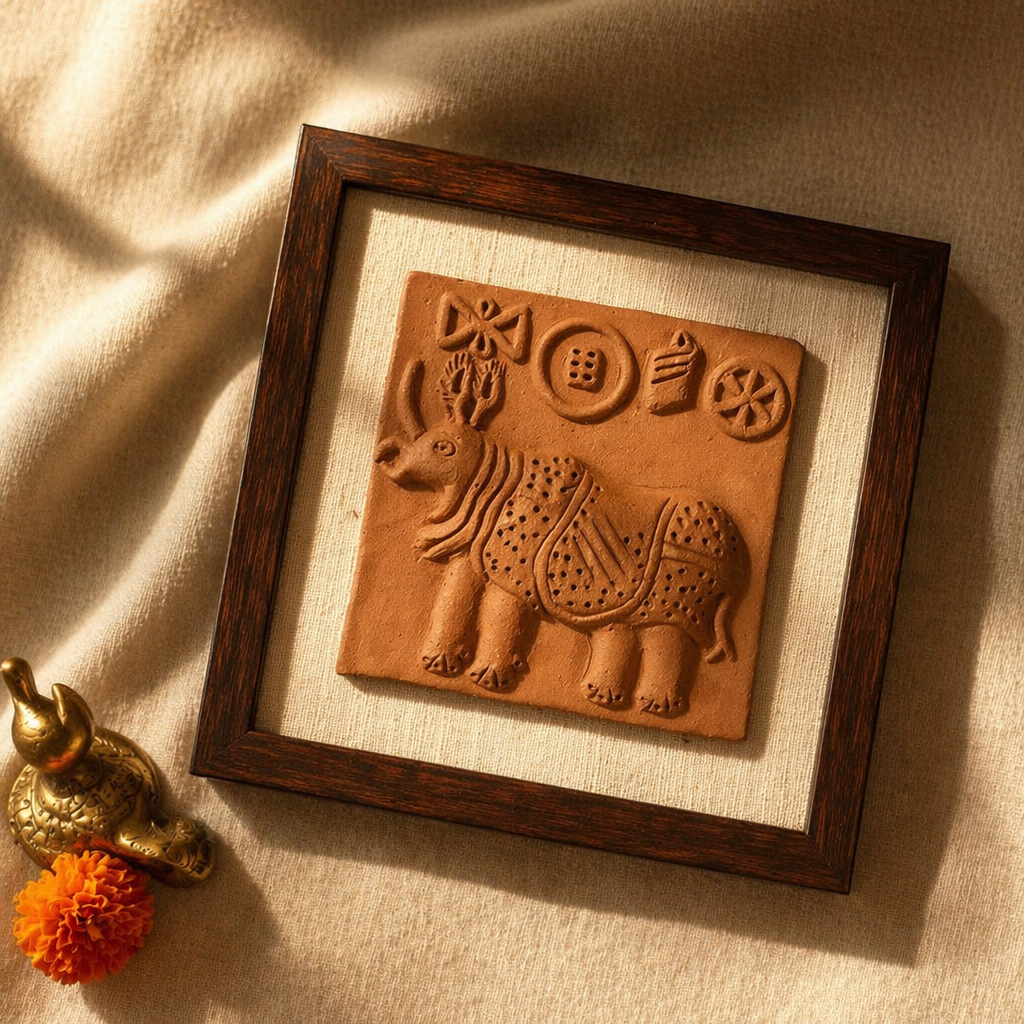 Harappan Seal Terracotta Rhinoceros Replica, The Art Wall. Handmade in India by House of Taraasha.