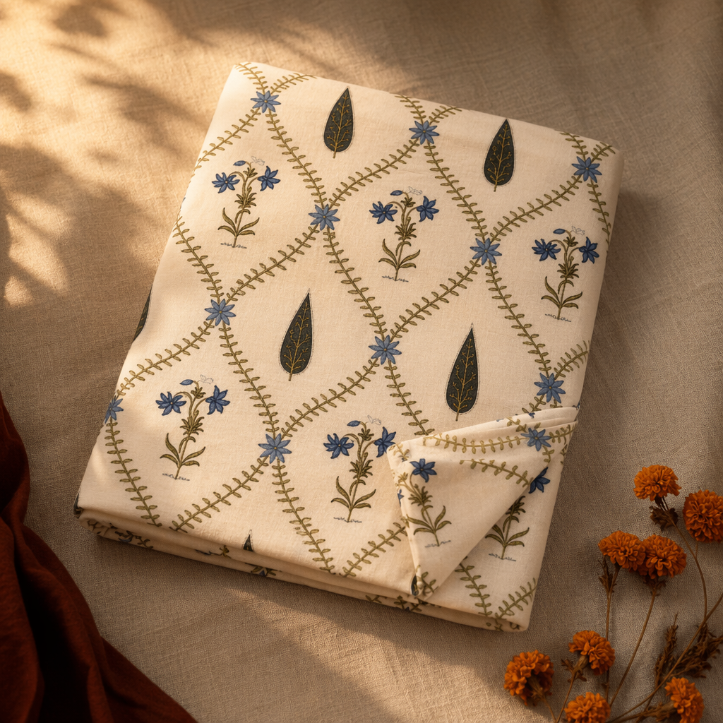 Cypress Blue Hand-Printed Floral Bedsheet, The Linen Room. Handmade in India by House of Taraasha.