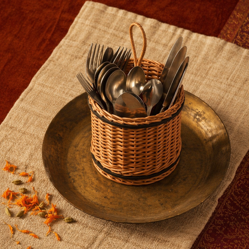 Kashmir Willow Wicker Cutlery Caddy, The Wicker House. Handmade in India by House of Taraasha.