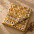 Sage & Mustard Mulmul Quilt, Marigold Motif, The Linen Room. Handmade in India by House of Taraasha.