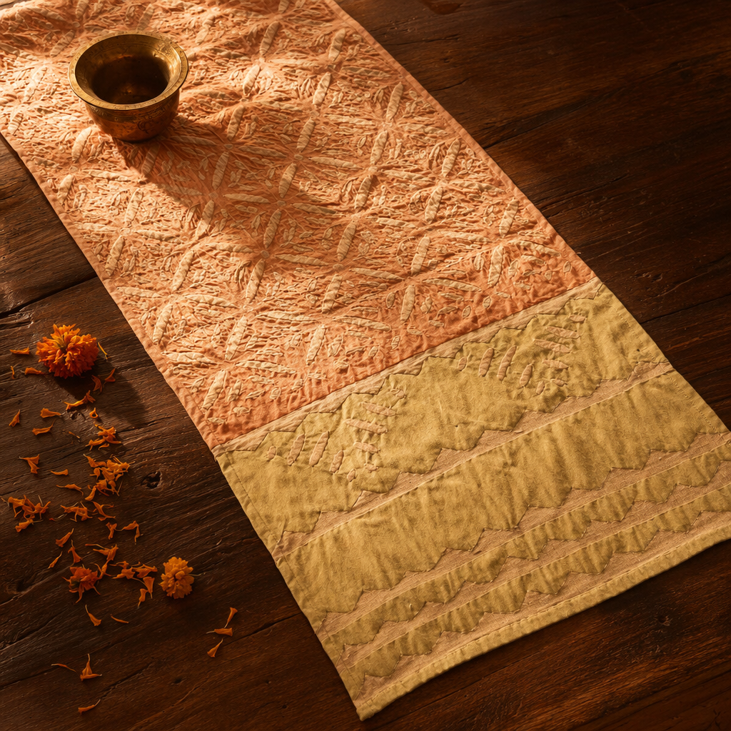 Applique Cutwork Runner Coral and Sage Green, The Gathered Table. Handmade in India by House of Taraasha.